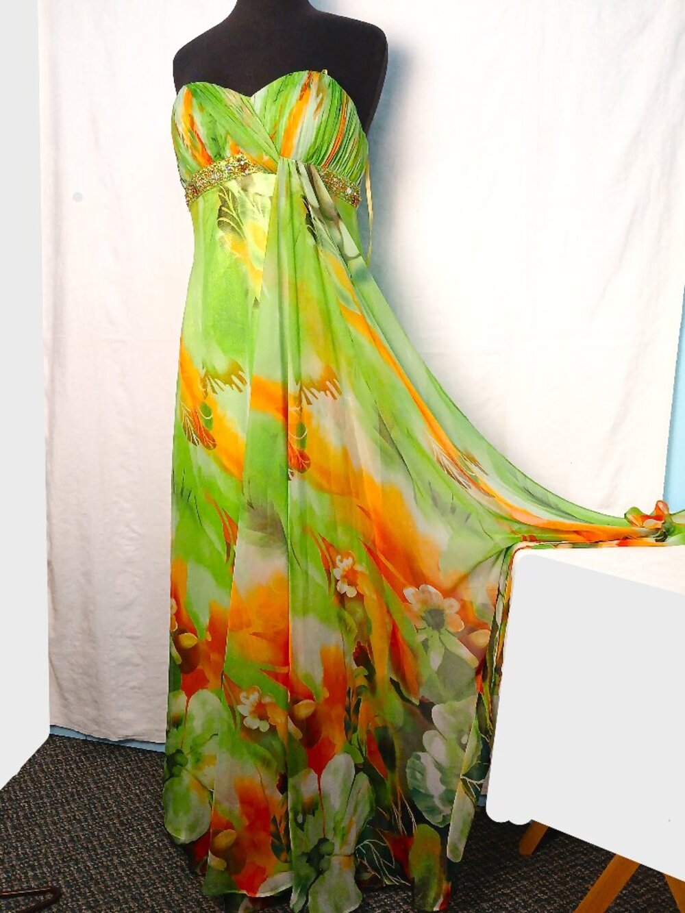 LIme and Tangerine Faviana Gown with Beaded Details